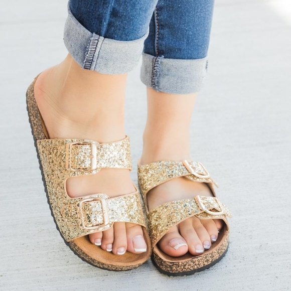New! Glitter Double Buckle Cork Sandals - Picture 2 of 8